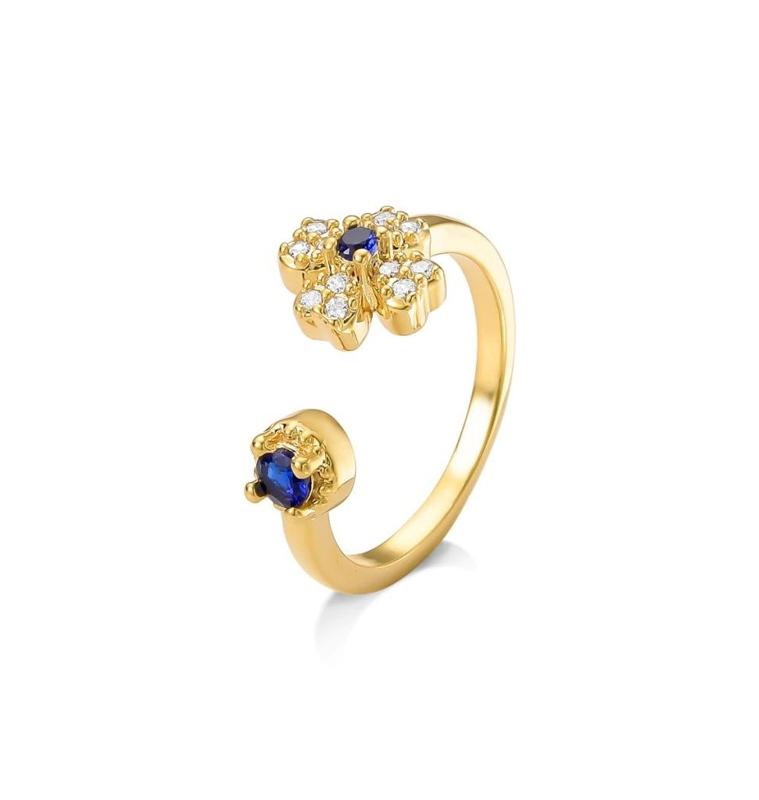 Anel Ajustável Trevo Safira Banhado A Ouro 18k